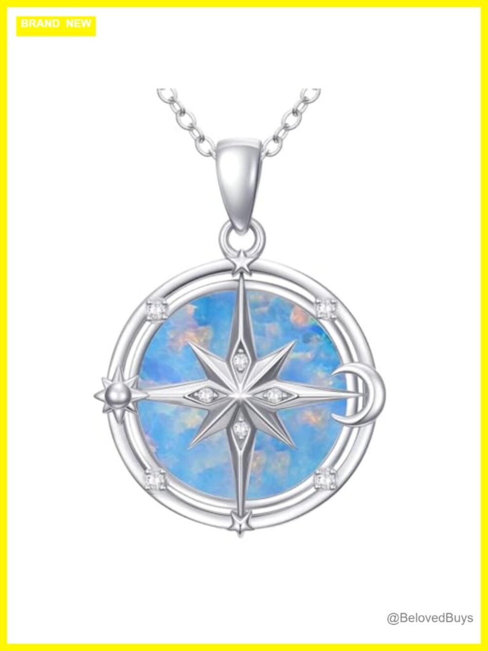 Sterling Silver Compass Pendant Necklace Opal Lab Diamond Adjustable